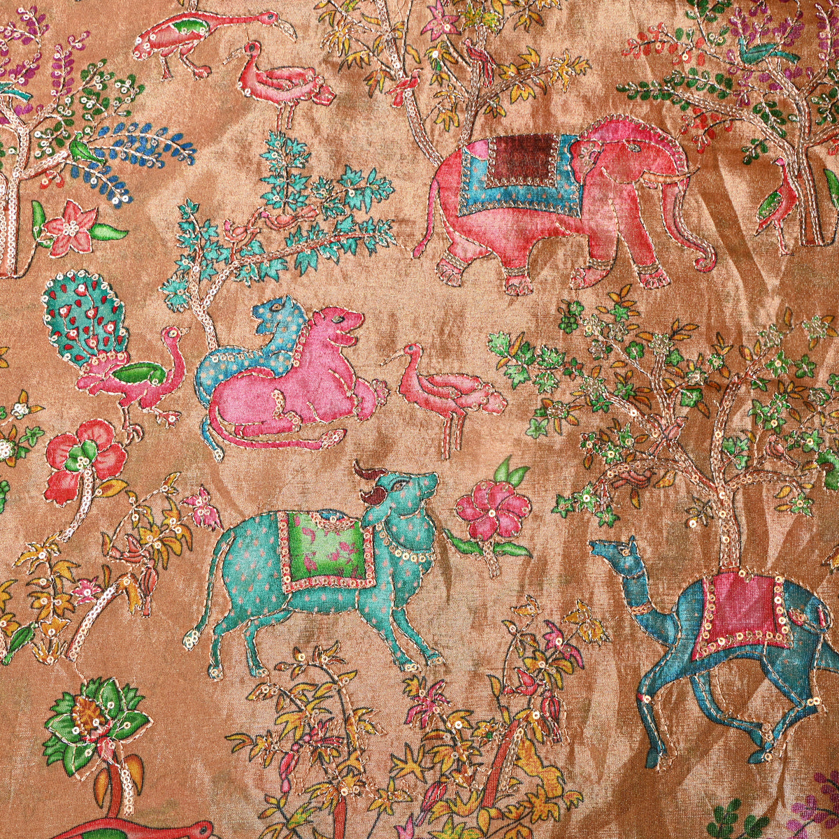 Honey Gold Shikargah Sequin Embroidery Tissue Fabric