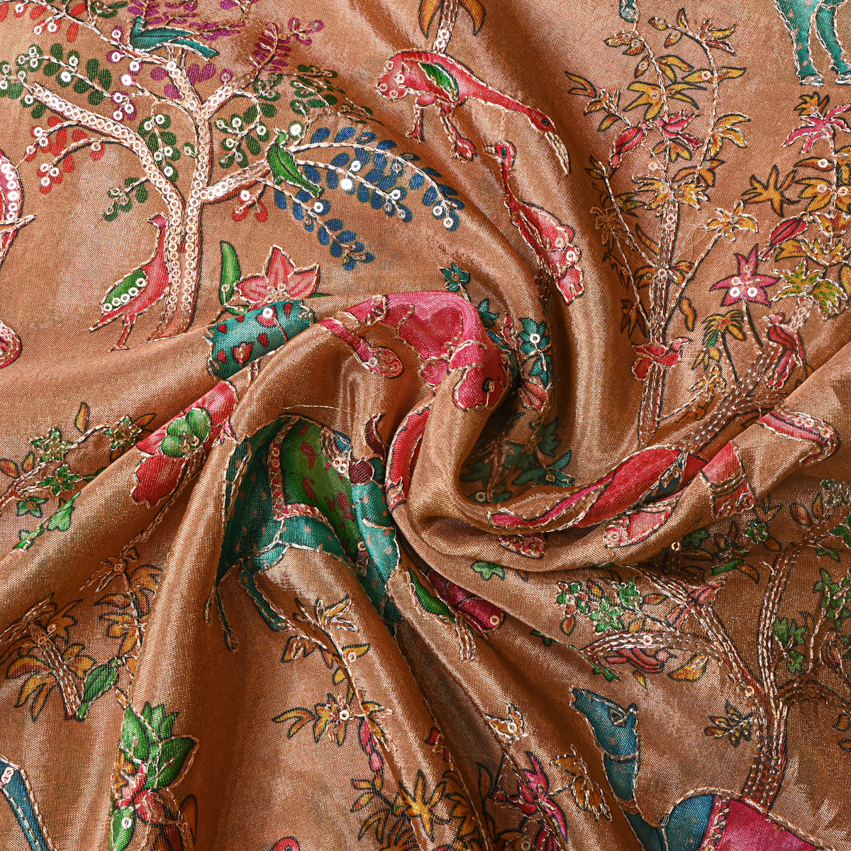 Honey Gold Shikargah Sequin Embroidery Tissue Fabric