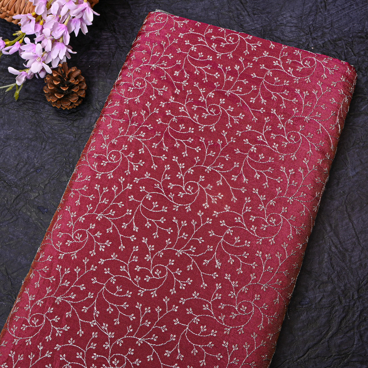 Raspberry Magenta Silver Zari Jaal Embroidery Tissue Fabric
