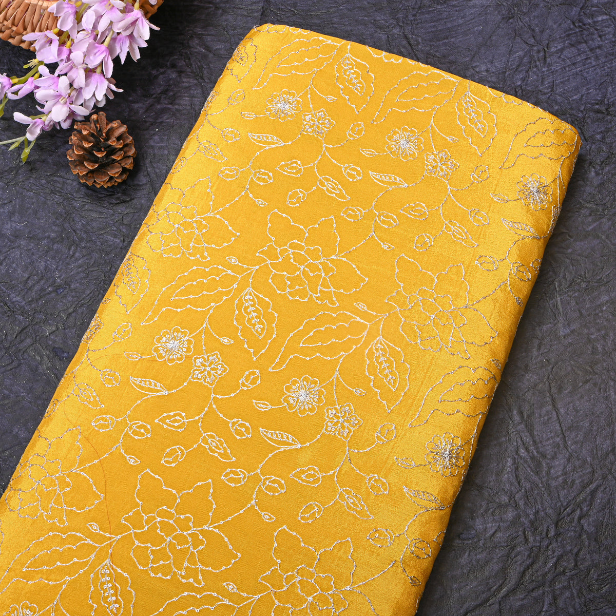 Amber Yellow Silver Zari Floral Jaal Embroidery Tissue Fabric