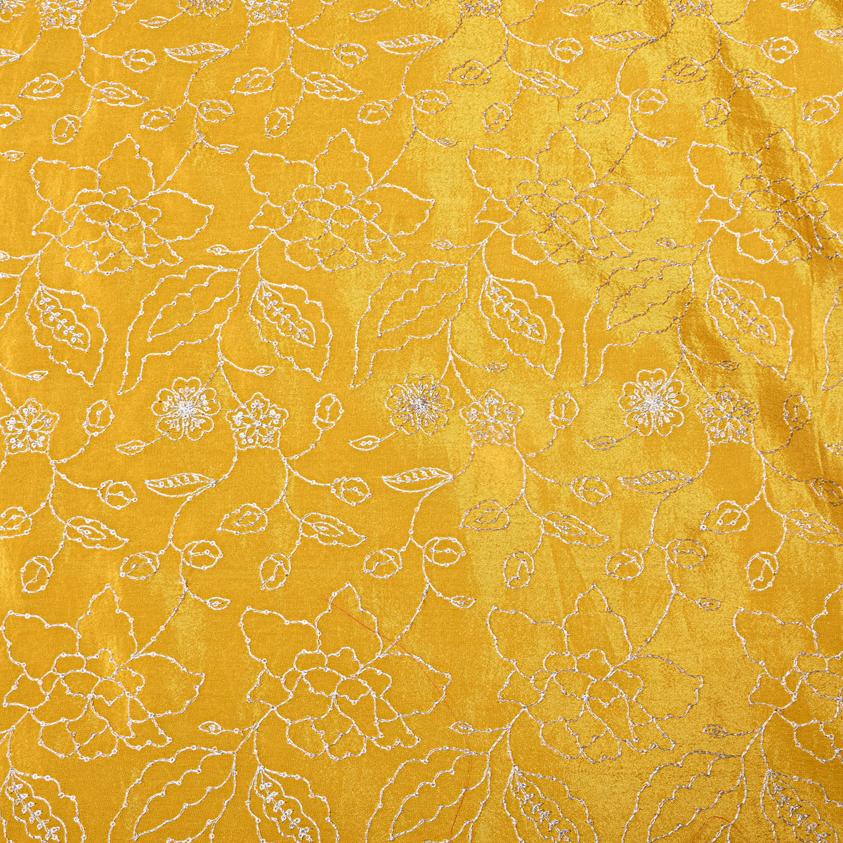 Amber Yellow Silver Zari Floral Jaal Embroidery Tissue Fabric