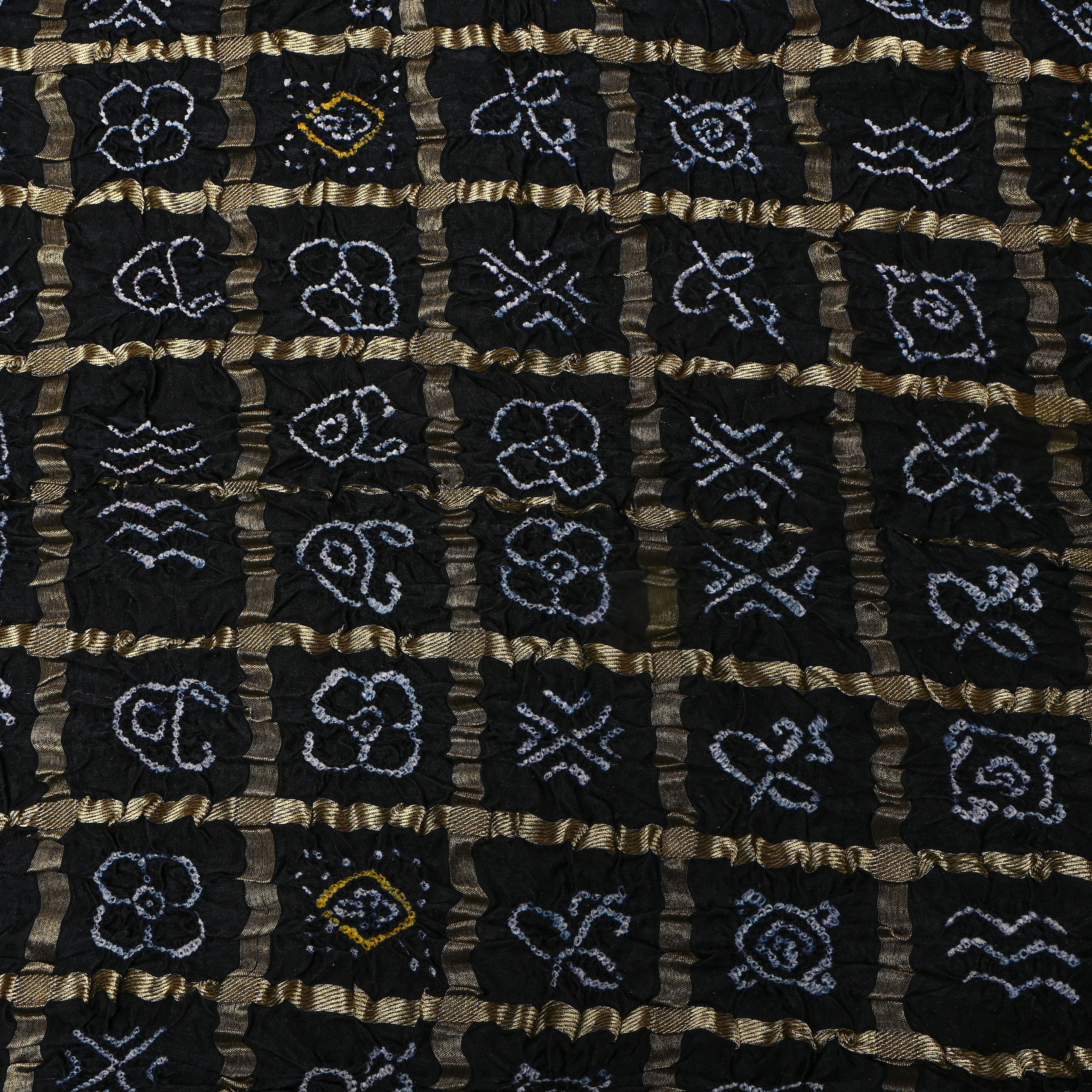 Black Gold Geometric Bandhani Silk Fabric