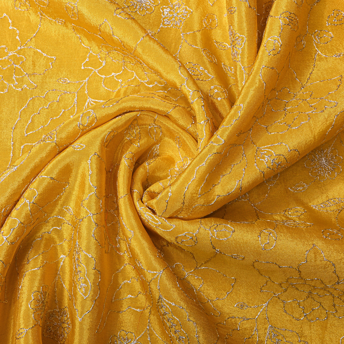 Amber Yellow Silver Zari Floral Jaal Embroidery Tissue Fabric