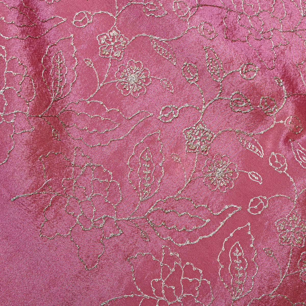 Strawberry Pink Silver Zari Floral Jaal Embroidery Tissue Fabric