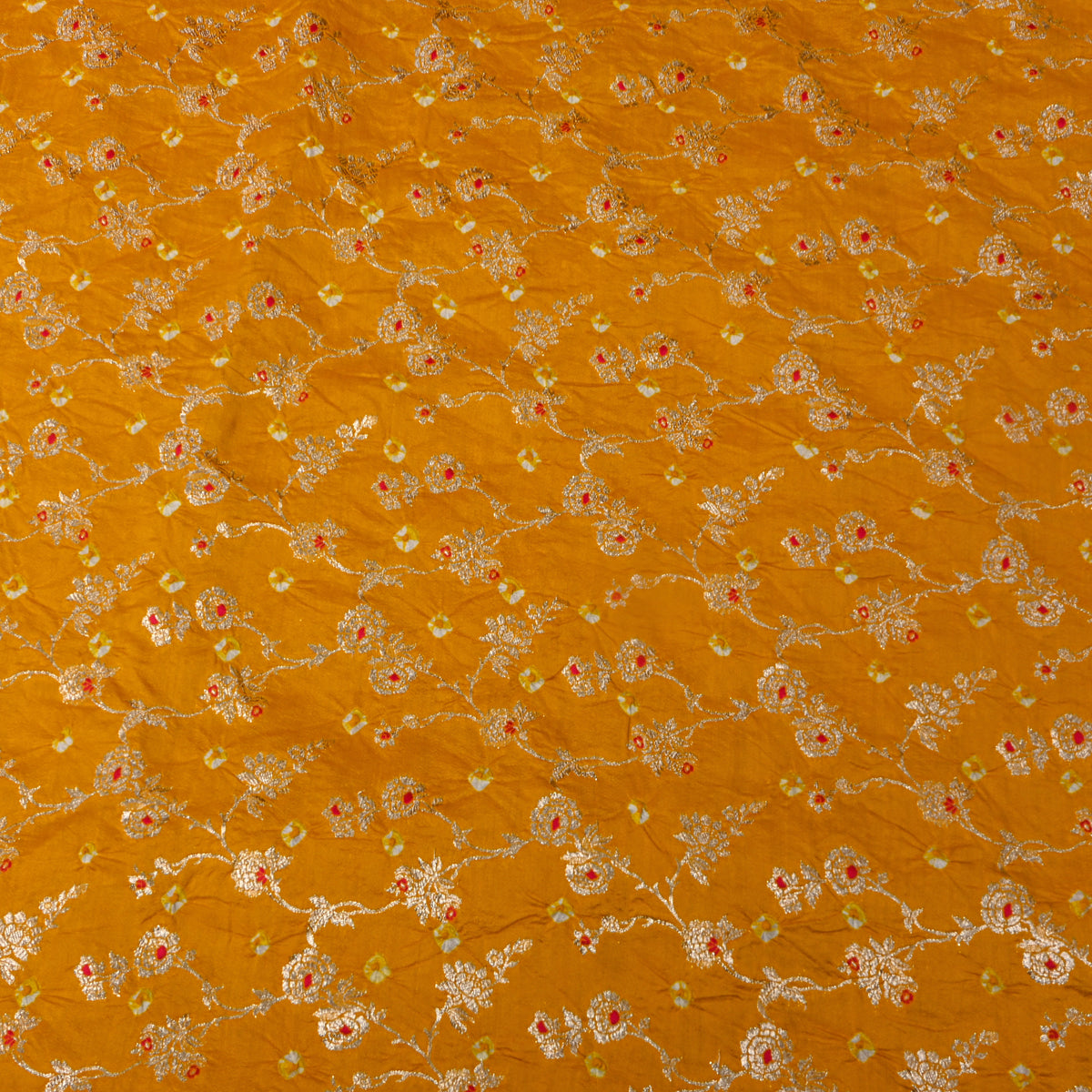 Mustard Yellow Golden Zari Floral Jaal Bandhani Fabric