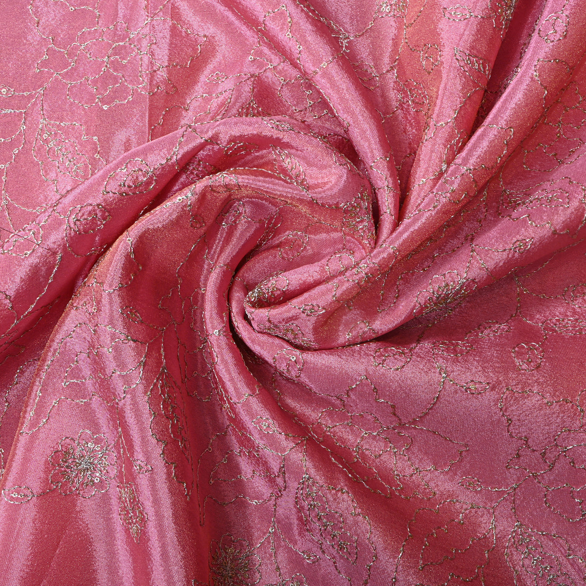 Flamingo Pink Silver Zari Floral Jaal Embroidery Tissue Fabric