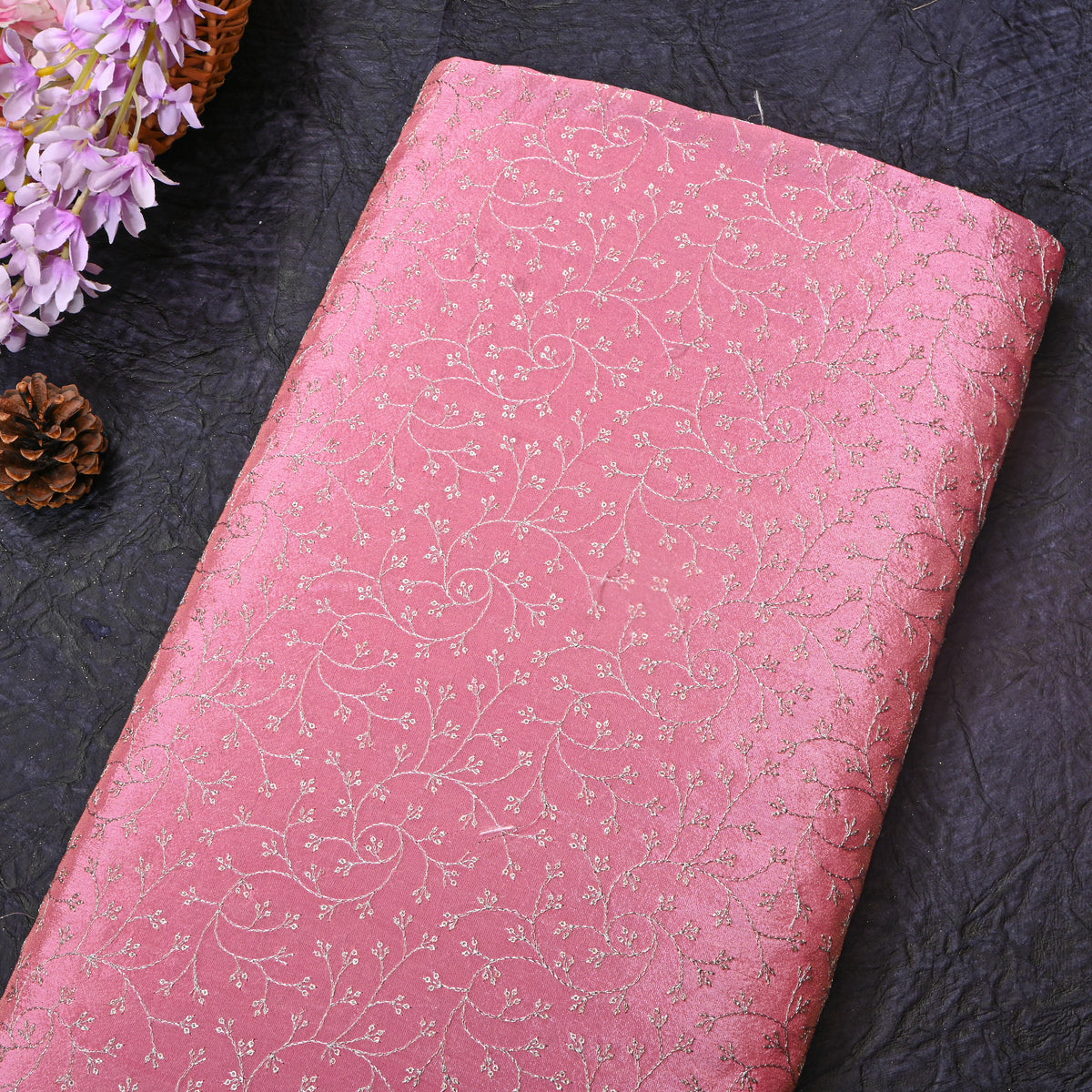 Carnation Pink Silver Zari Jaal Embroidery Tissue Fabric