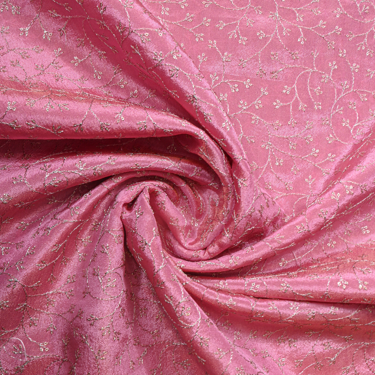 Carnation Pink Silver Zari Jaal Embroidery Tissue Fabric