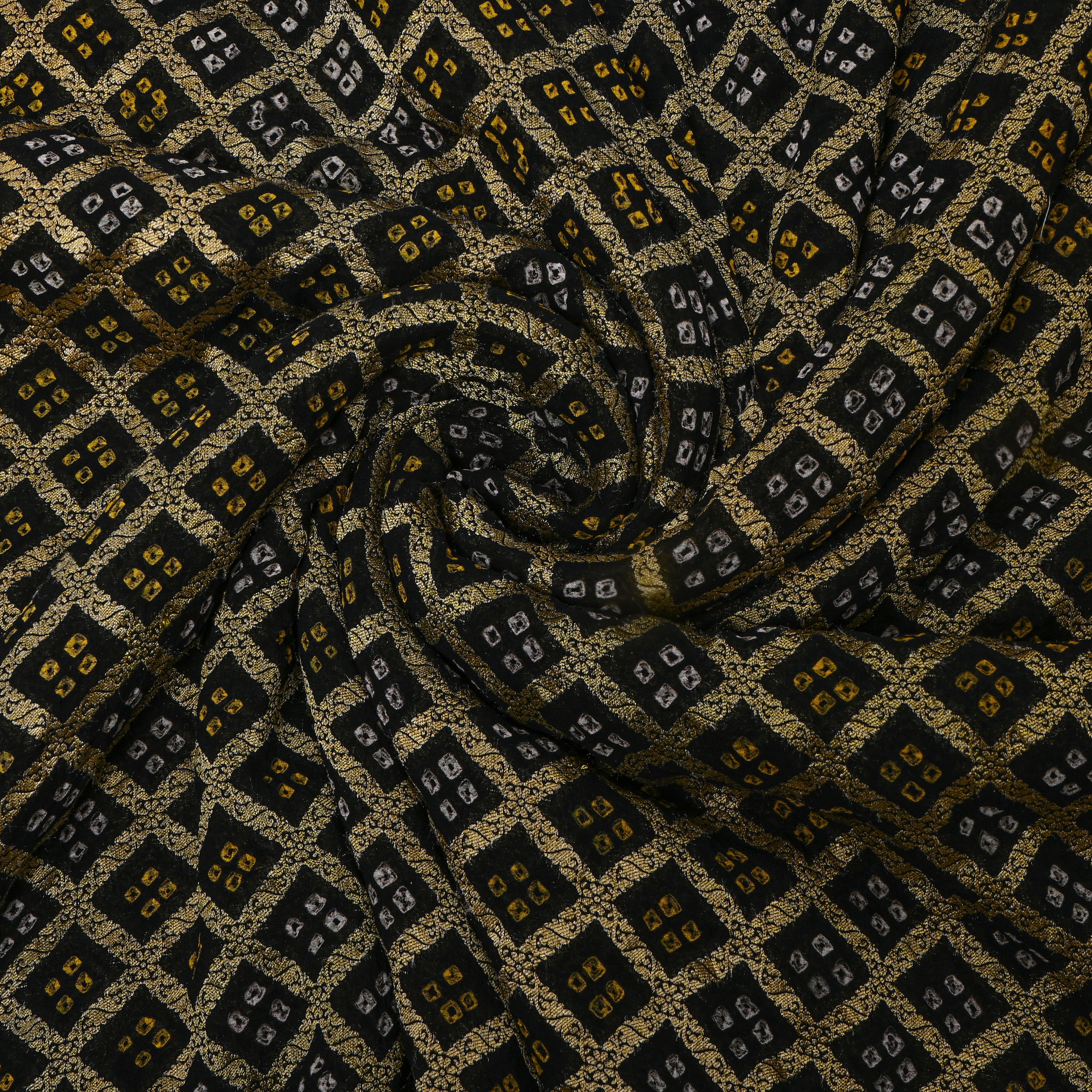Black Gold Geometric Bandhani Silk Fabric