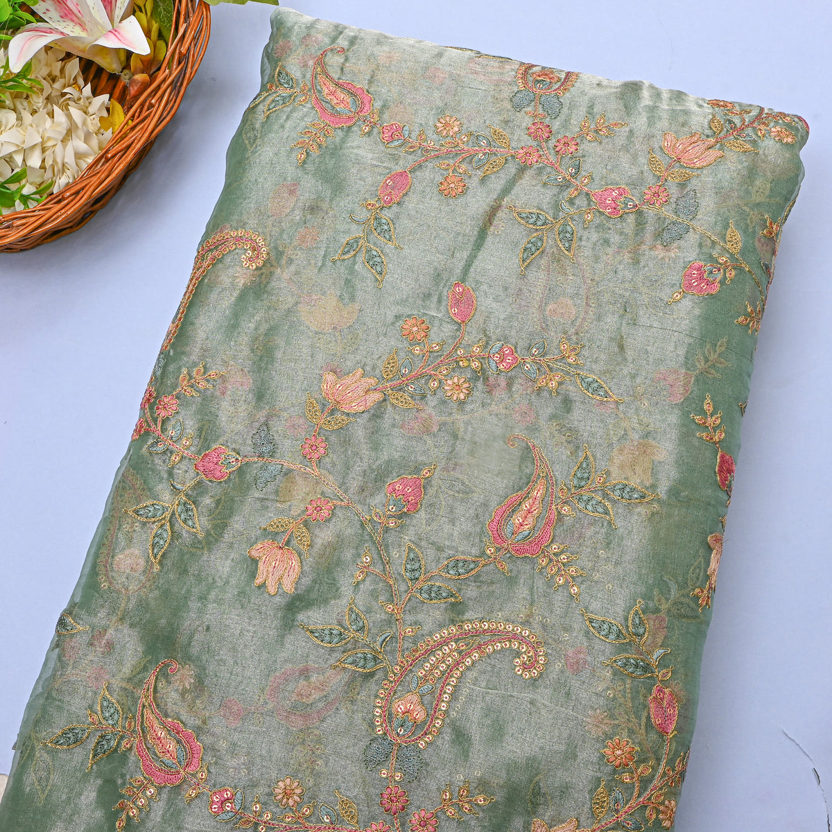 Green Gold Zari Sequin Paisley Jaal Embroidery Tissue Fabric