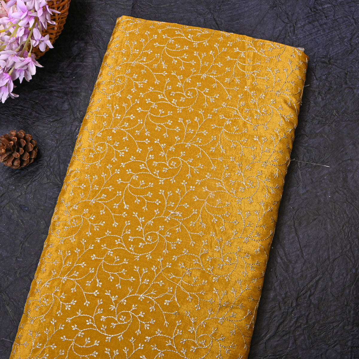 Turmeric Yellow Silver Zari Jaal Embroidery Tissue Fabric