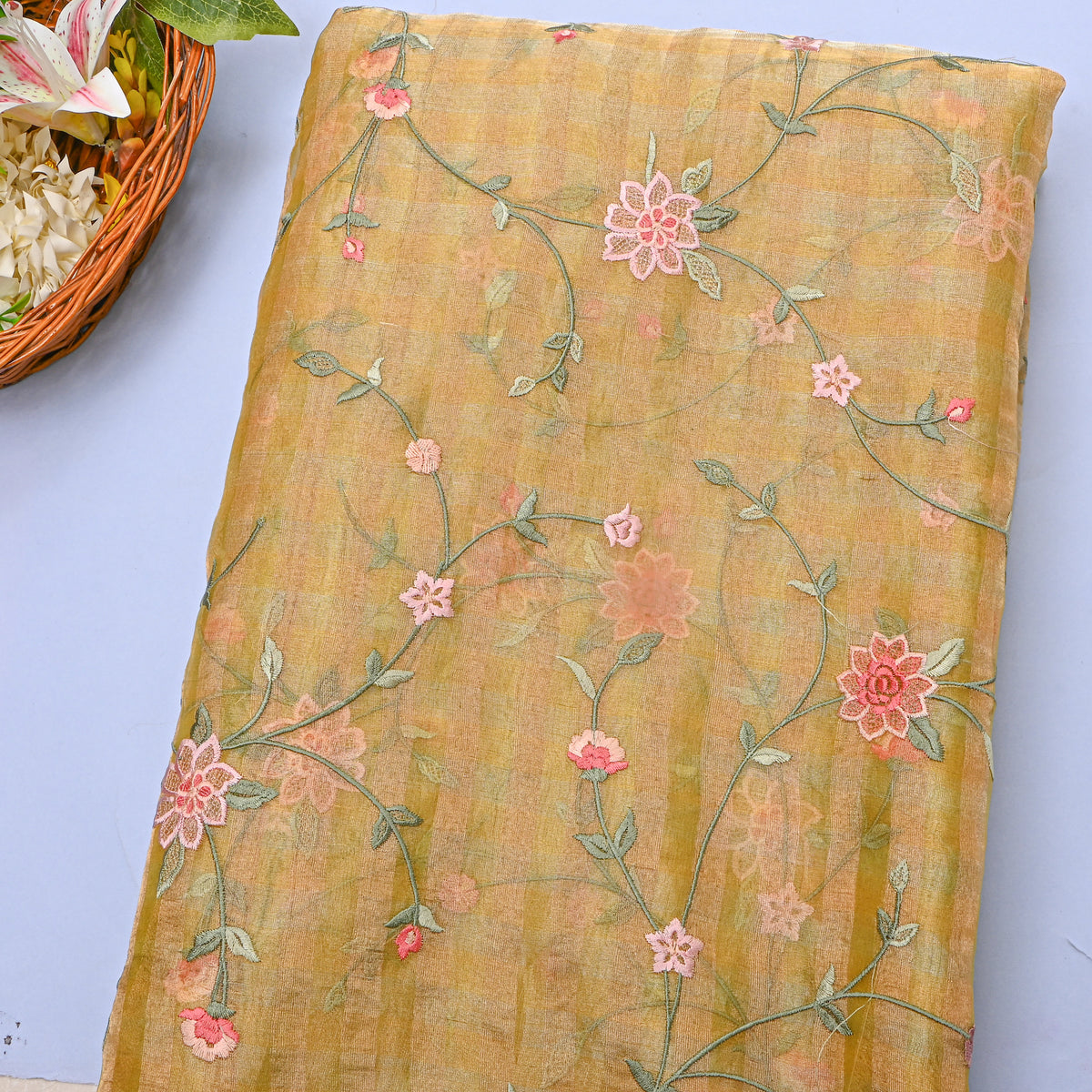 Mustard Jaal Thread Work Organza Tissue Fabric
