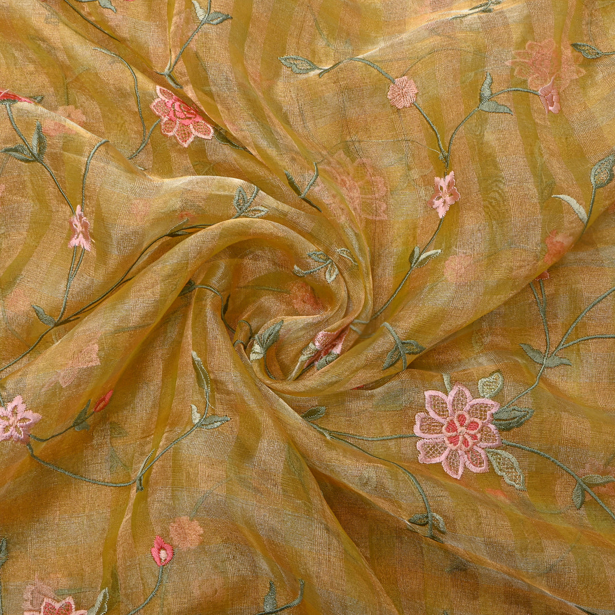 Mustard Jaal Thread Work Organza Tissue Fabric