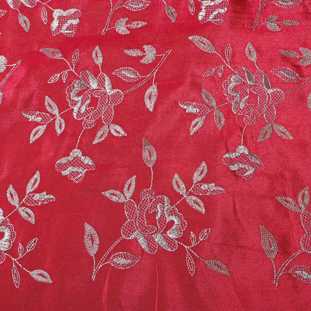 Ruby Red Floral Silver Zari Embroidered Tissue Fabric