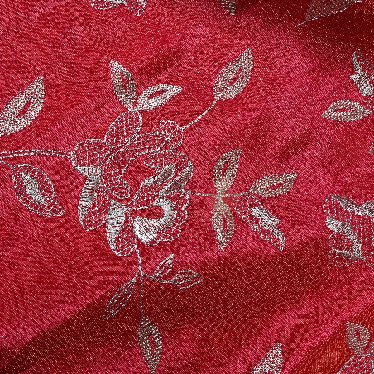 Ruby Red Floral Silver Zari Embroidered Tissue Fabric