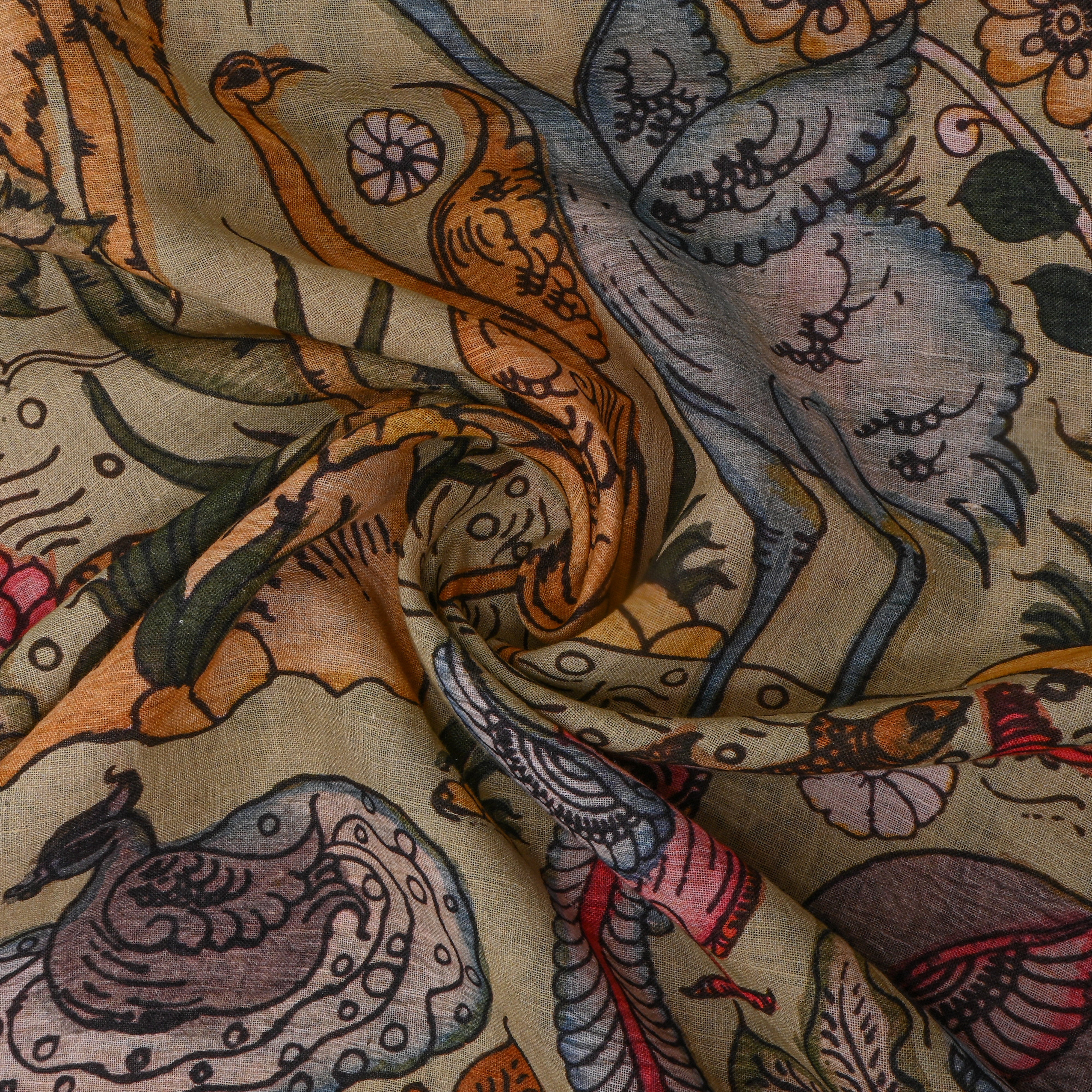Beige Dupion Silk With Kalamkari Print