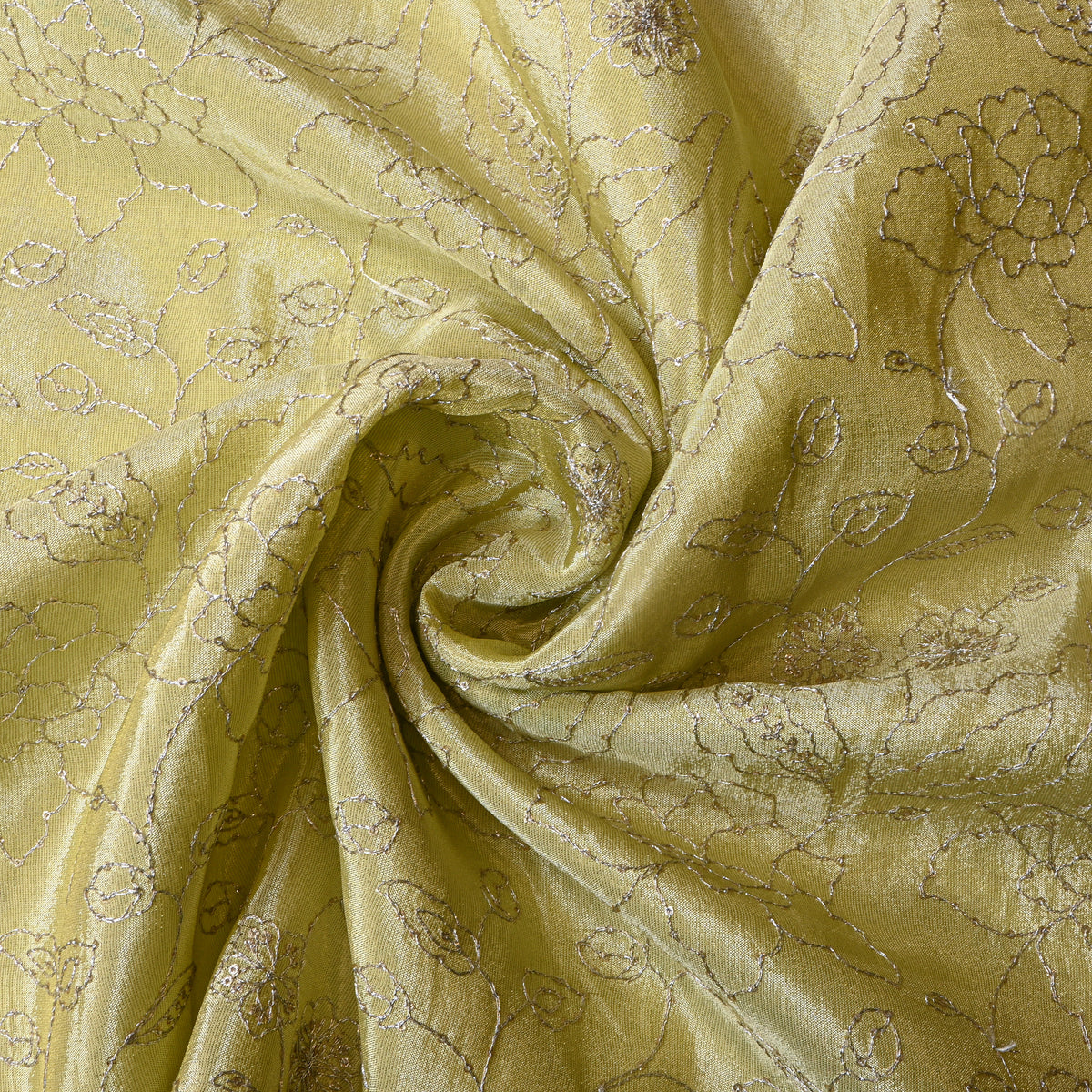 Champagne Yellow Silver Zari Floral Jaal Embroidery Tissue Fabric