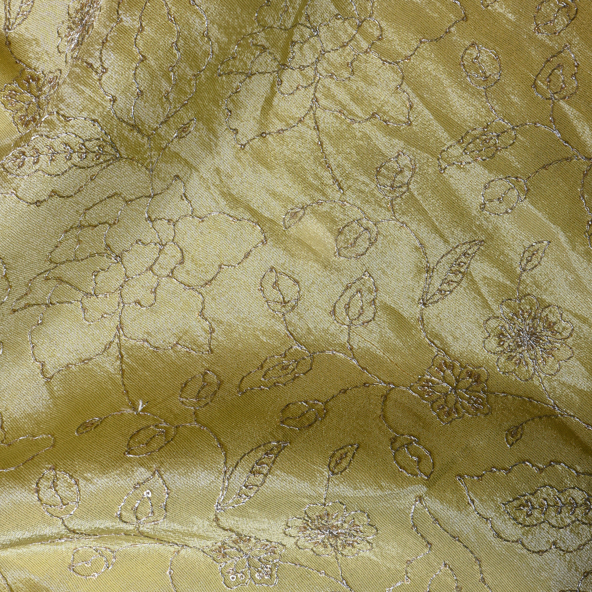 Champagne Yellow Silver Zari Floral Jaal Embroidery Tissue Fabric