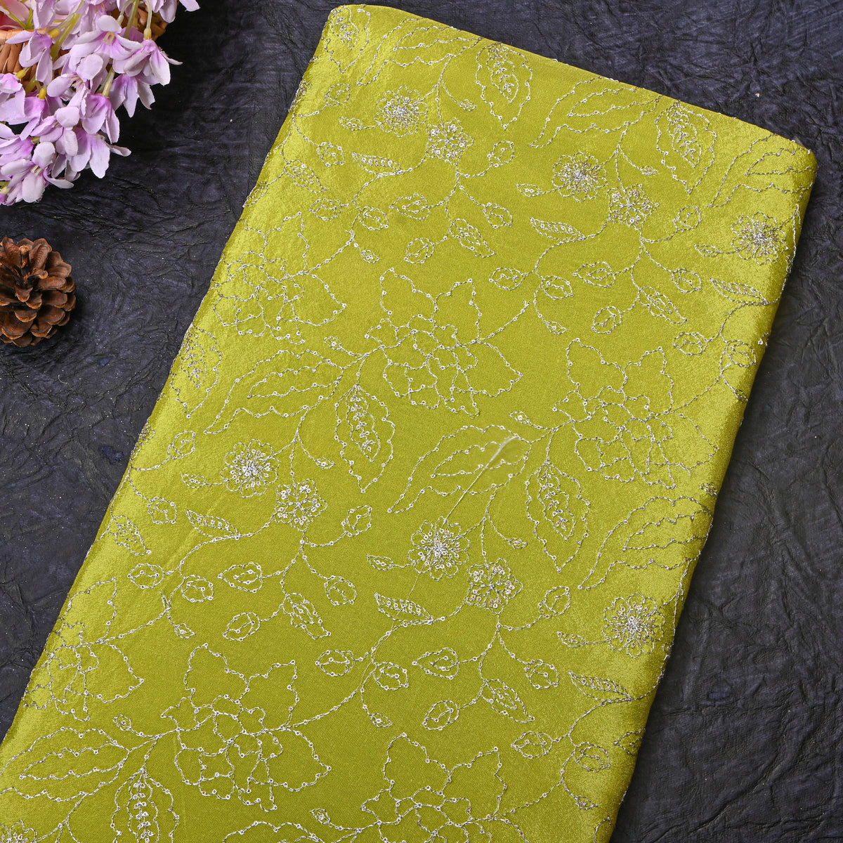 Pear Green Silver Zari Floral Jaal Embroidery Tissue Fabric
