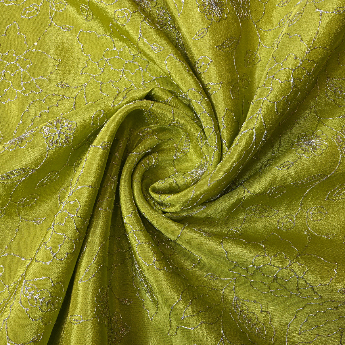 Pear Green Silver Zari Floral Jaal Embroidery Tissue Fabric