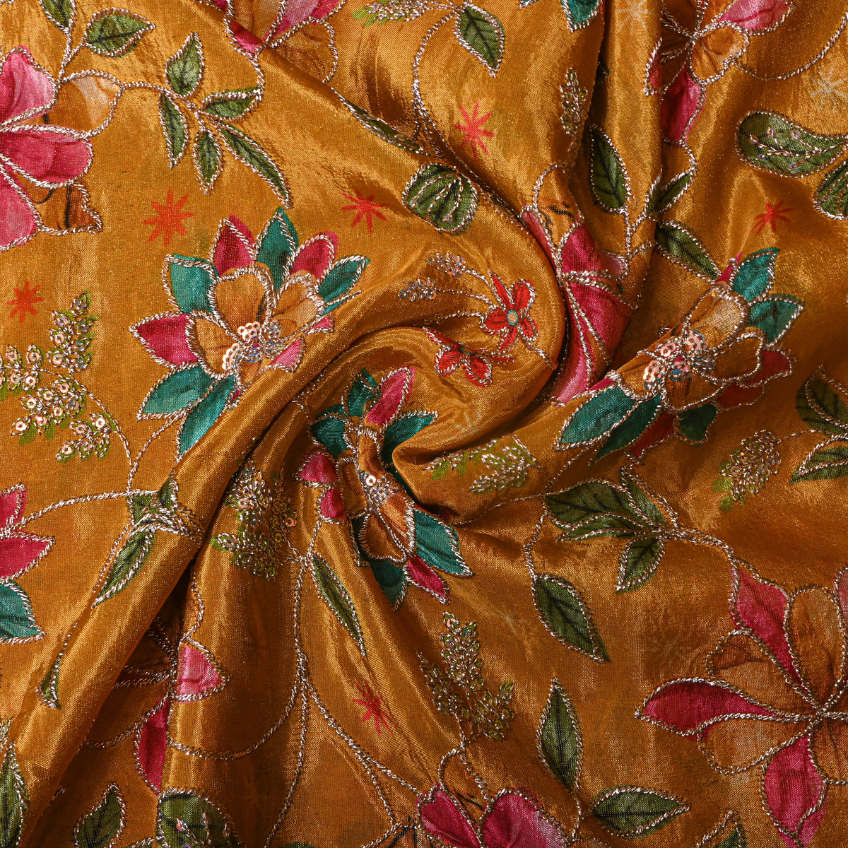 Butterscotch Yellow Gold Zari Floral Jaal Printed Embroidery Tissue Fabric