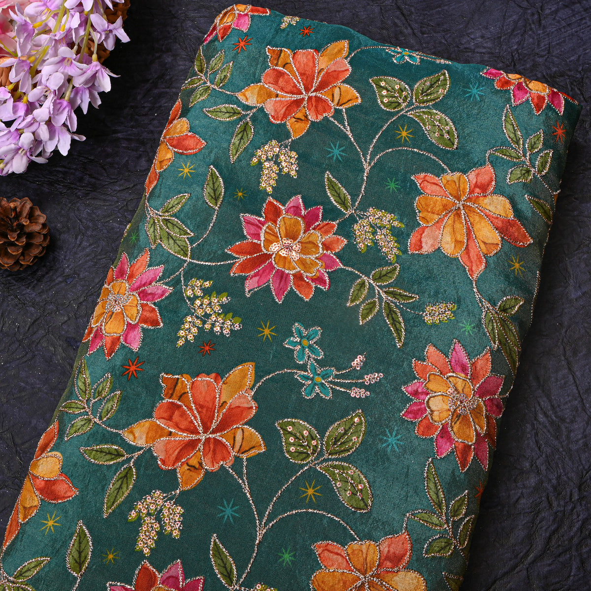 Lagoon Green Gold Zari Floral Jaal Printed Embroidery Tissue Fabric
