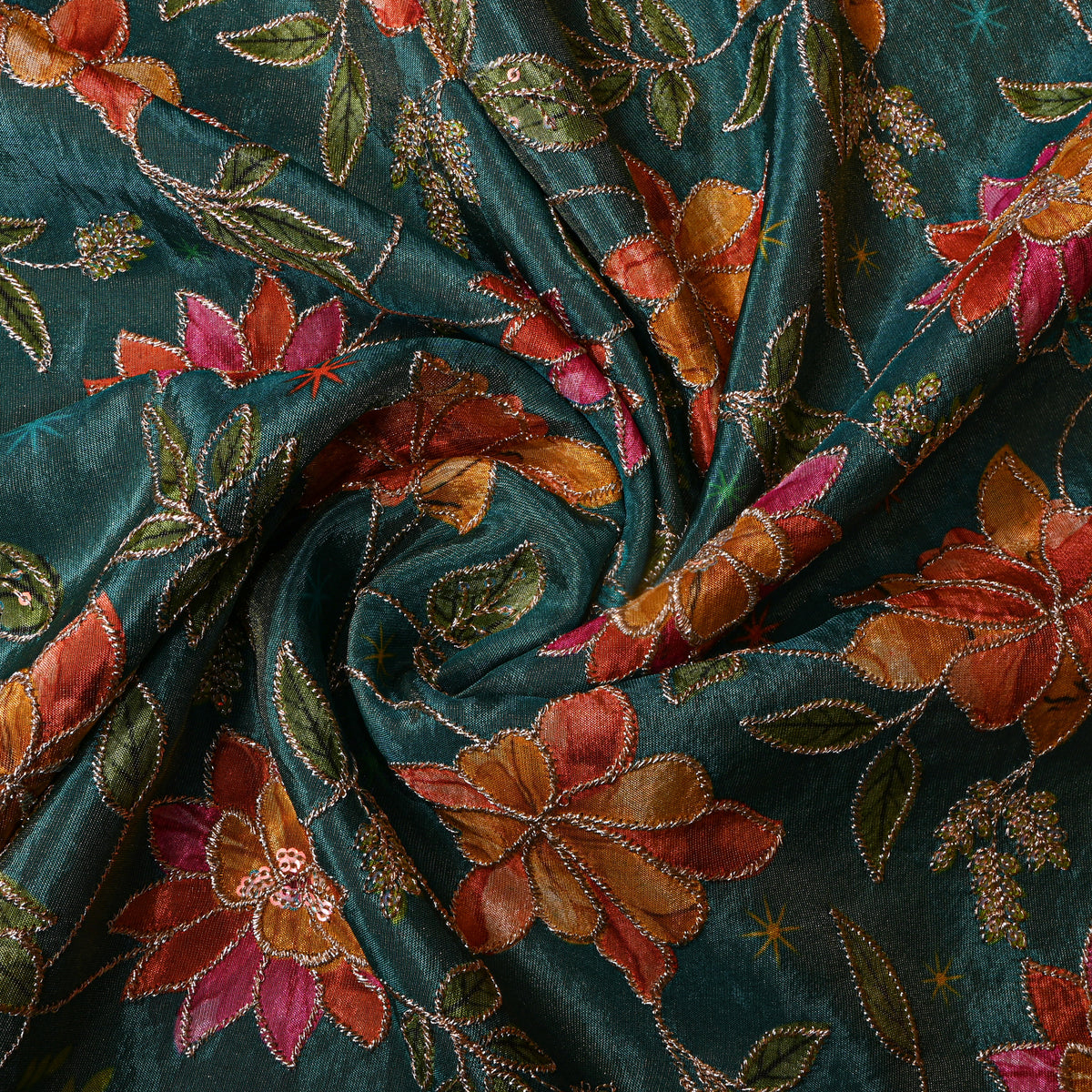 Lagoon Green Gold Zari Floral Jaal Printed Embroidery Tissue Fabric