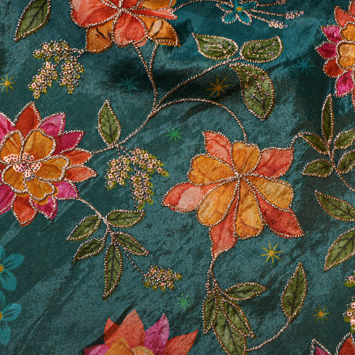 Lagoon Green Gold Zari Floral Jaal Printed Embroidery Tissue Fabric