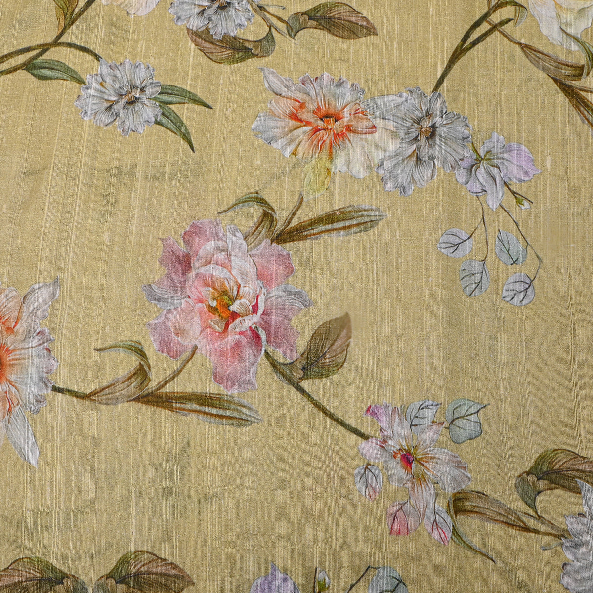 Beige Multicolour Floral Printed Dupion Silk