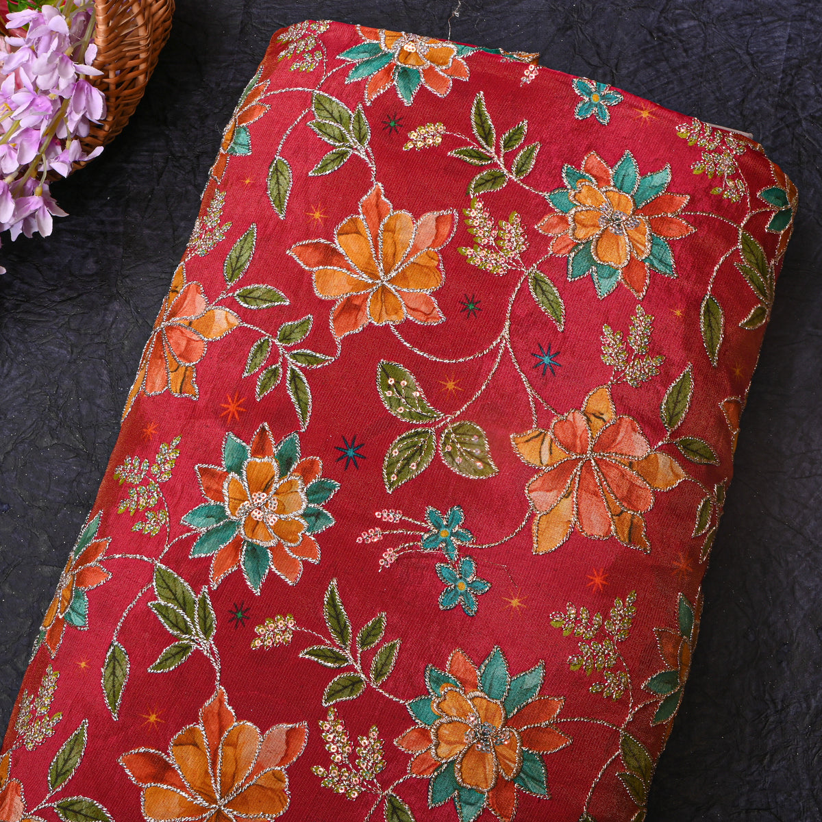 Pomegranate Red Gold Zari Floral Jaal Printed Embroidery Tissue Fabric