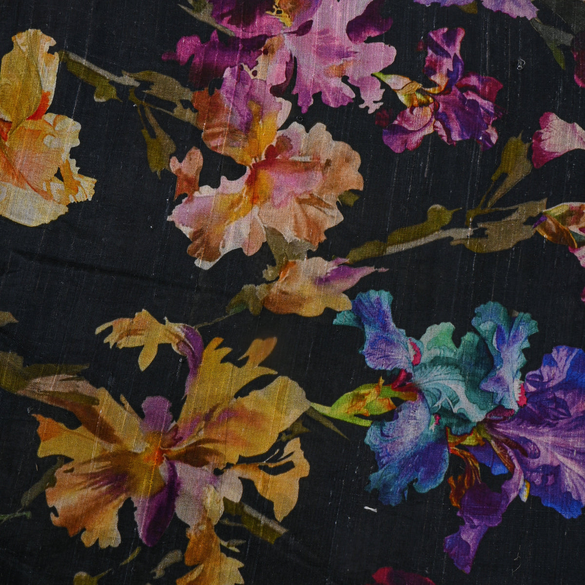 Black Multicolour Floral Printed Dupion Silk