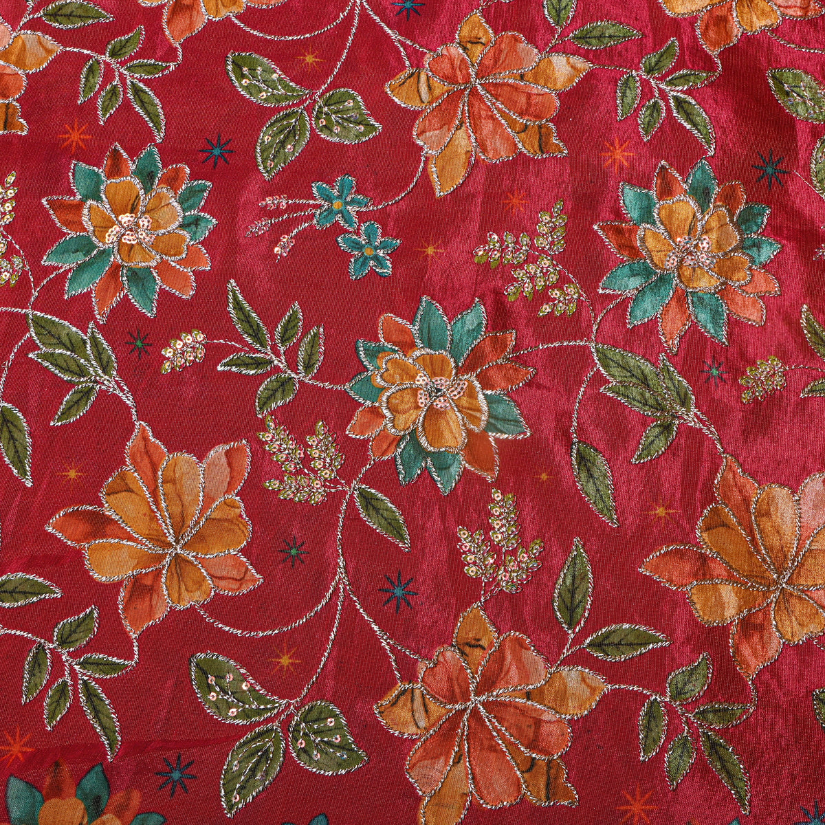 Pomegranate Red Gold Zari Floral Jaal Printed Embroidery Tissue Fabric