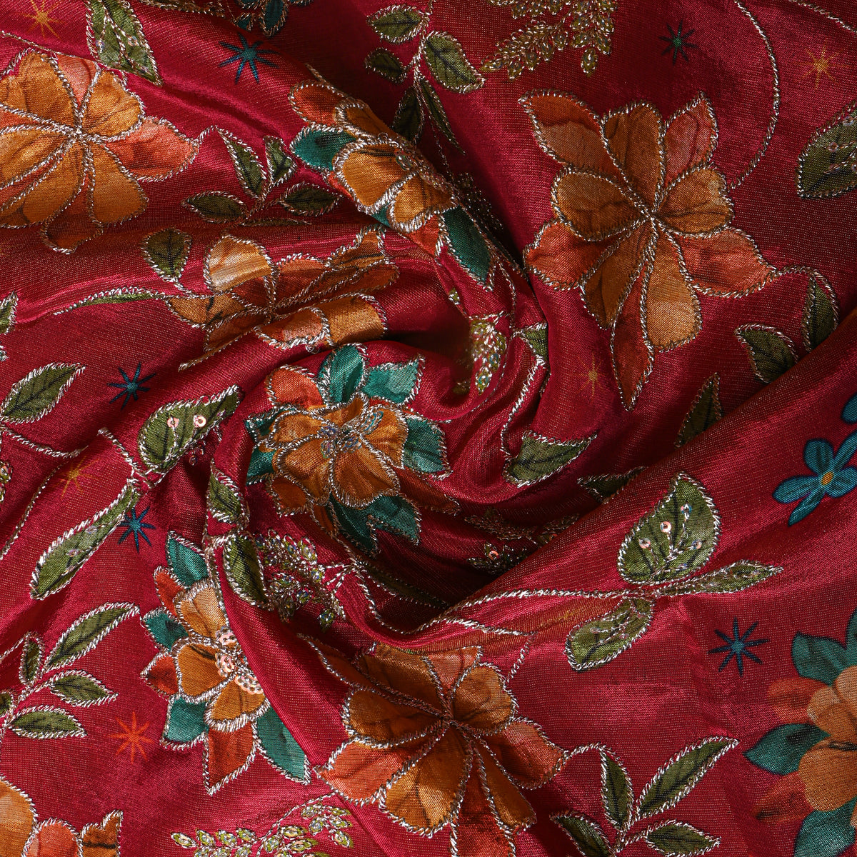 Pomegranate Red Gold Zari Floral Jaal Printed Embroidery Tissue Fabric