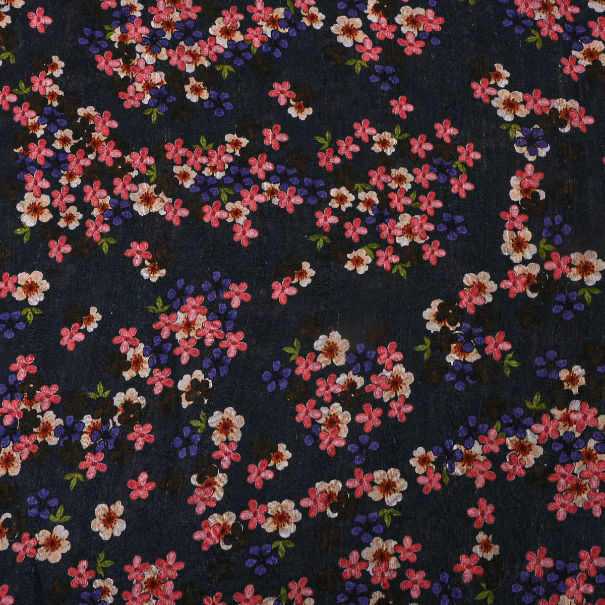Midnight Black Floral Digital Print Silk Fabric