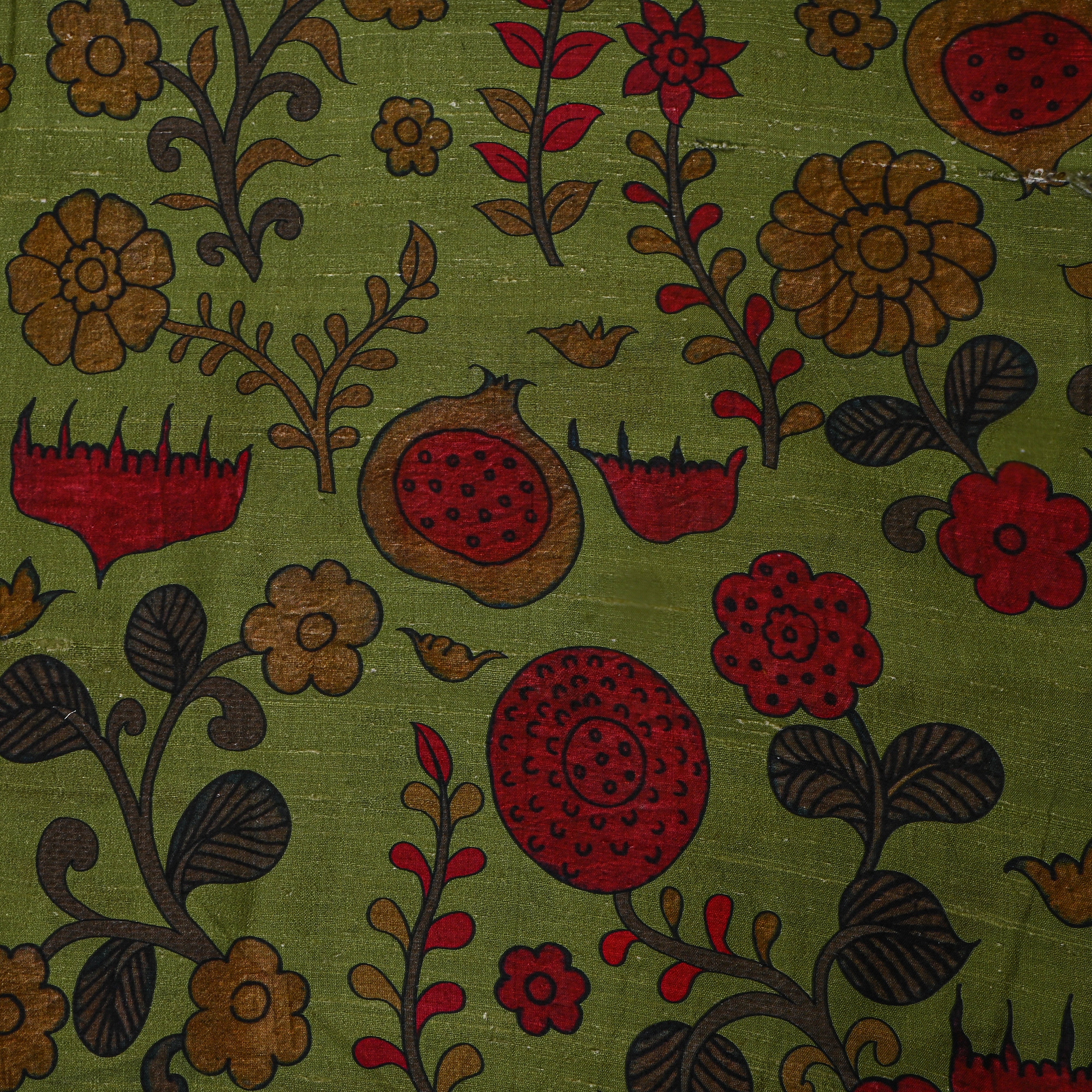 Green Dupion Silk With Kalamkari Print