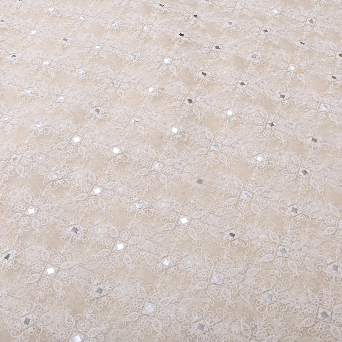 White Mirror Work Thread Embroidery Organza Fabric