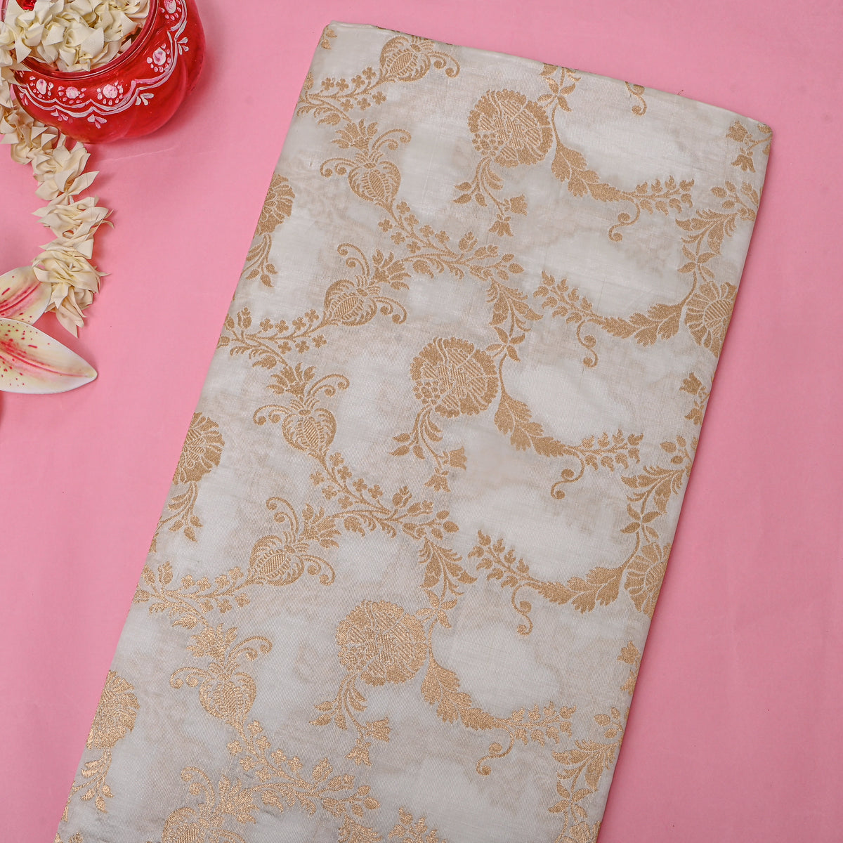 White Gold Floral Jaal Self Weave Jamawar Silk Fabric