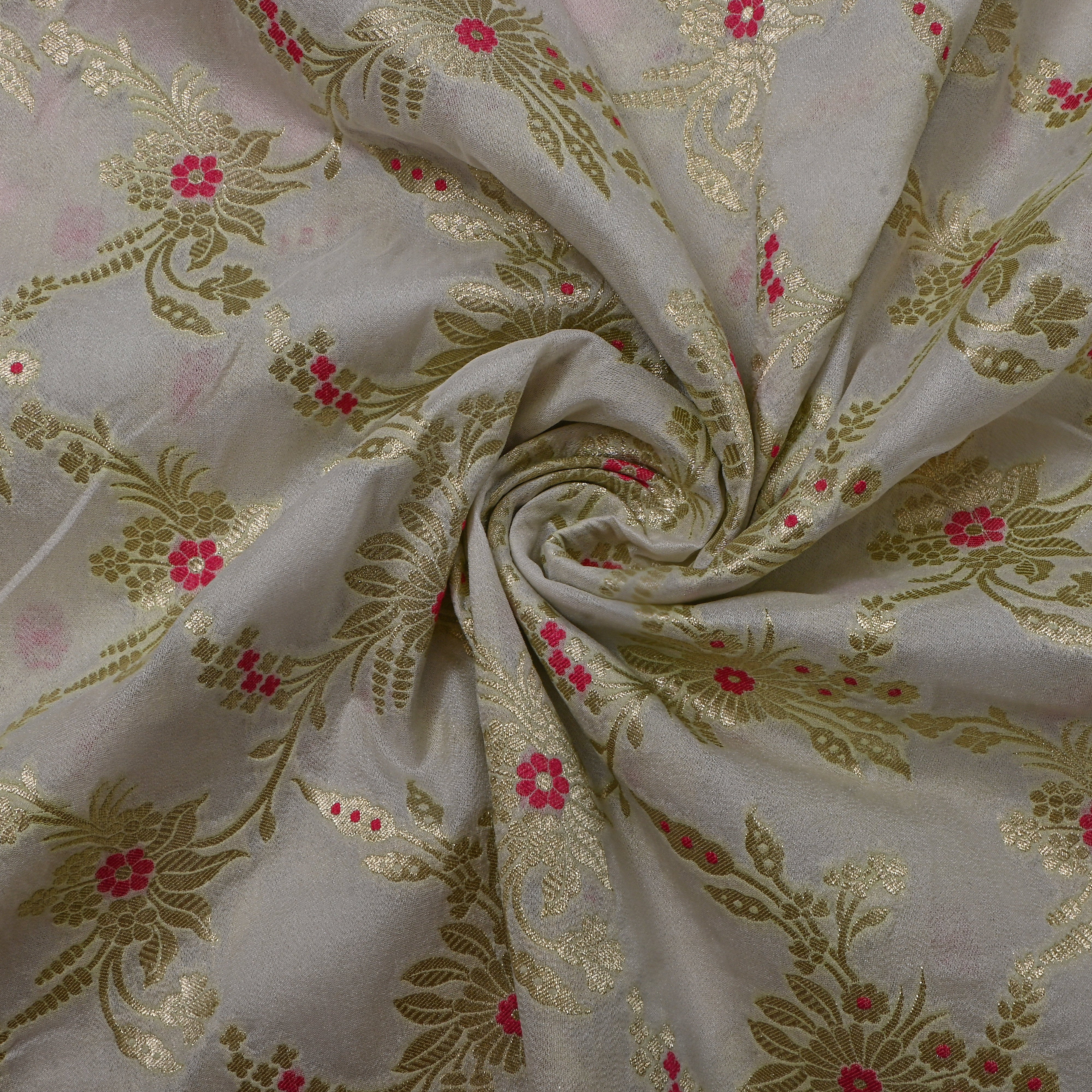 White Gold Zari Floral Woven Jamawar Silk