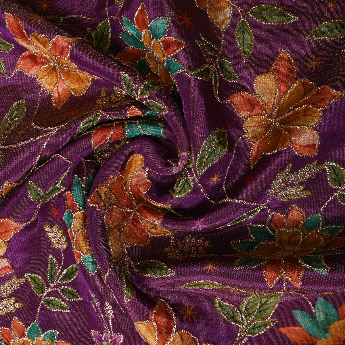 Mulberry Purple Gold Zari Floral Jaal Printed Embroidery Tissue Fabric