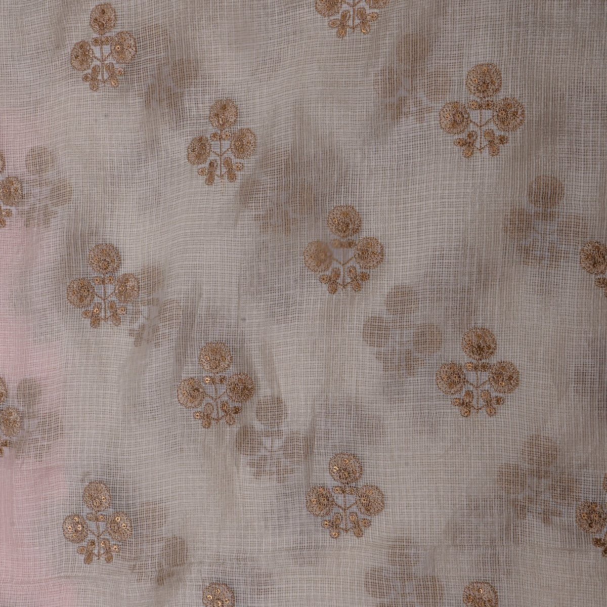 White Gold Floral Embroidered Kota Silk Fabric