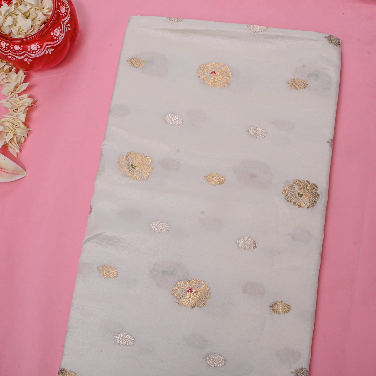 Ivory White Dual-Tone Butti Self Weave Jamawar Silk Fabric