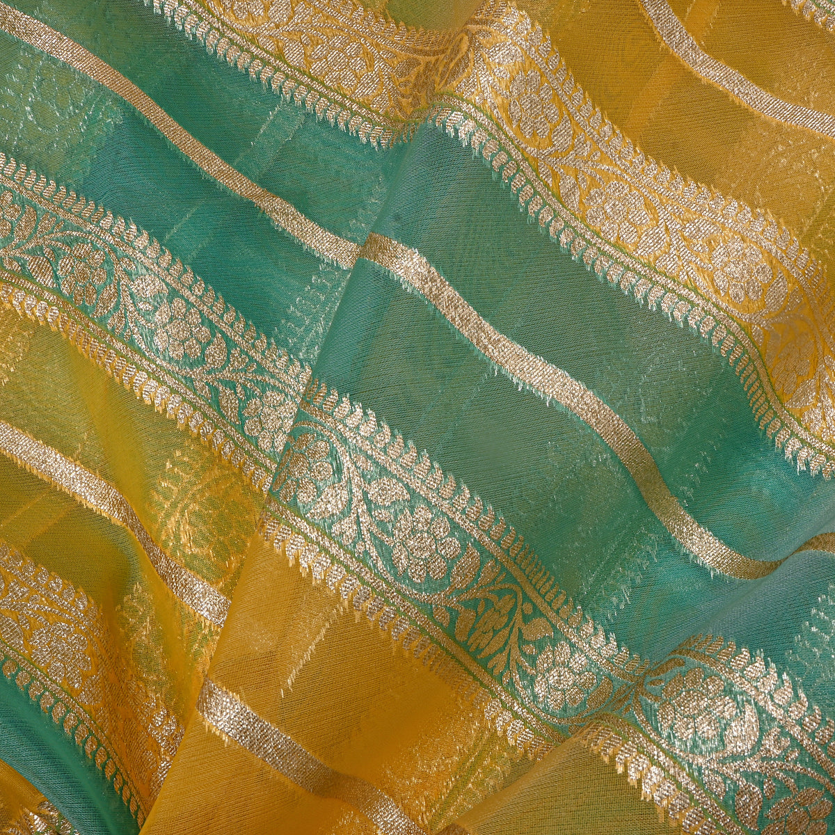 Teal-Mustard Checks Weave Jamawar Organza