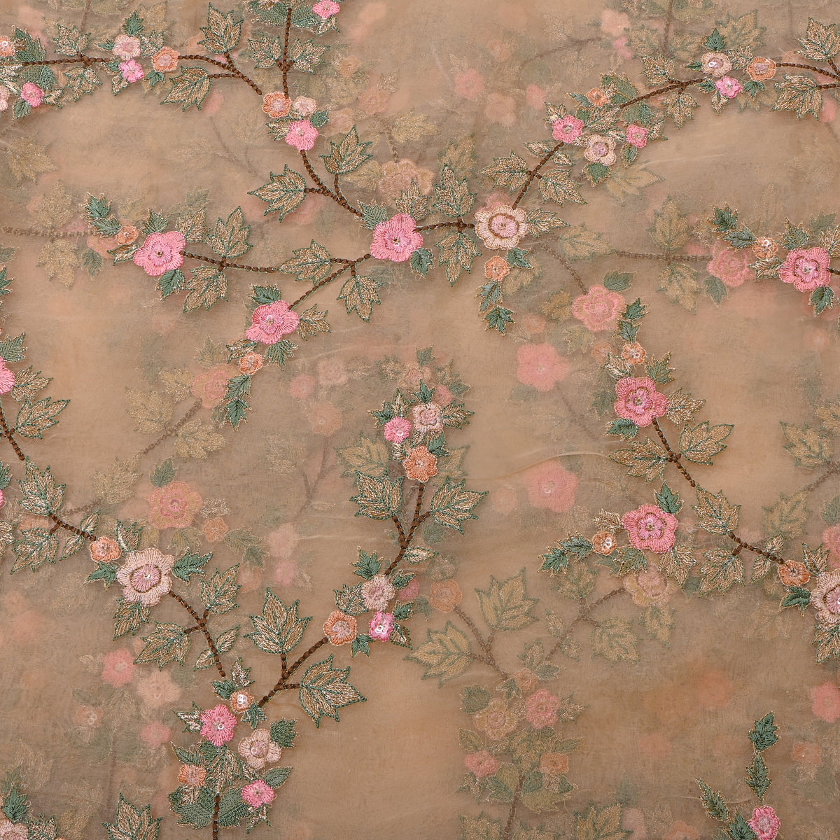 Peach Gold Thread Work Floral Jaal Organza Fabric