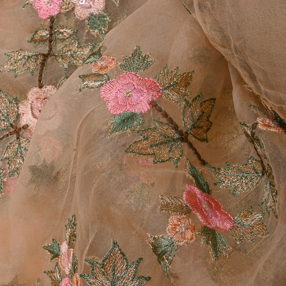 Peach Gold Thread Work Floral Jaal Organza Fabric