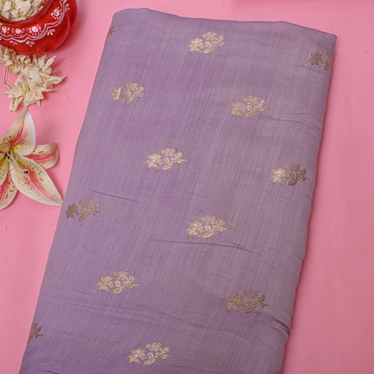 Lilac Purple Gold Zari Butti Jamawar Silk Fabric