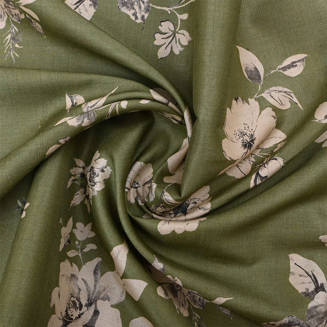 Army Brown Tussar Fabric With Floral Prints