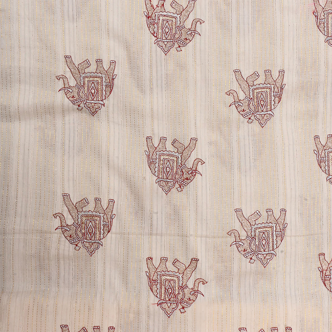 Soft Amber Cotton Embroidered Fabric With Elephant Motifs