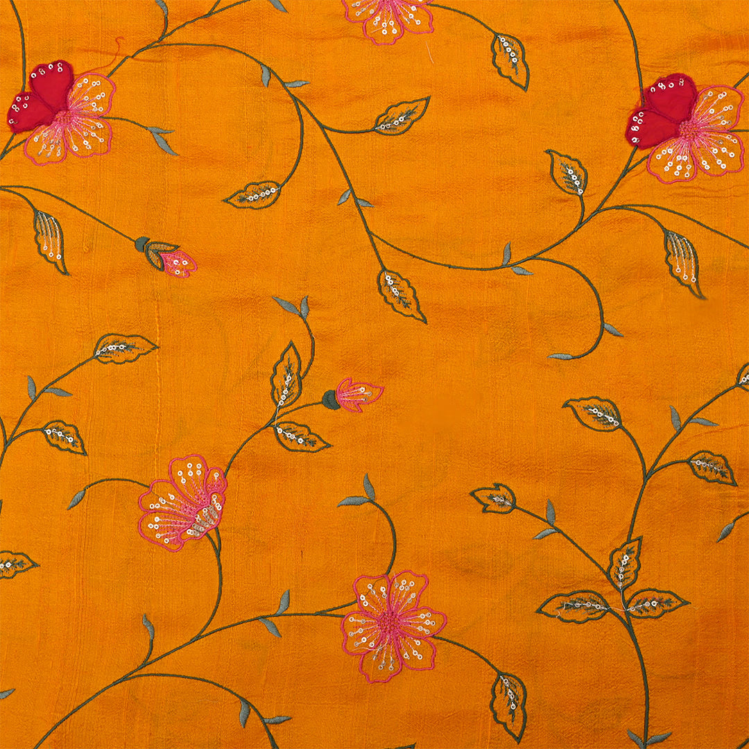 Dirty Orange Dupion Raw Silk Embroidered Fabric