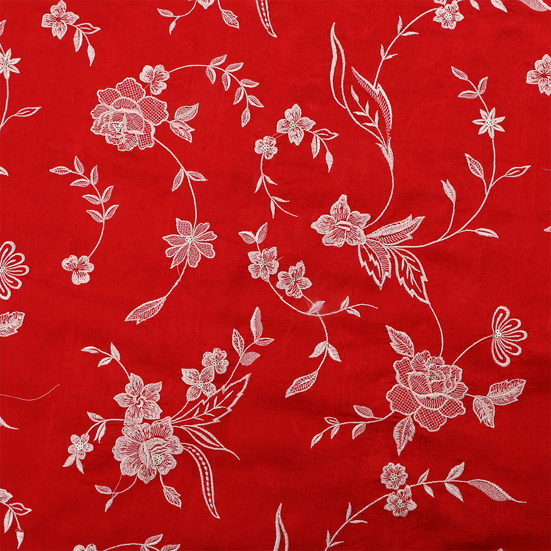 Red Dupion Raw Silk Embroidered Fabric