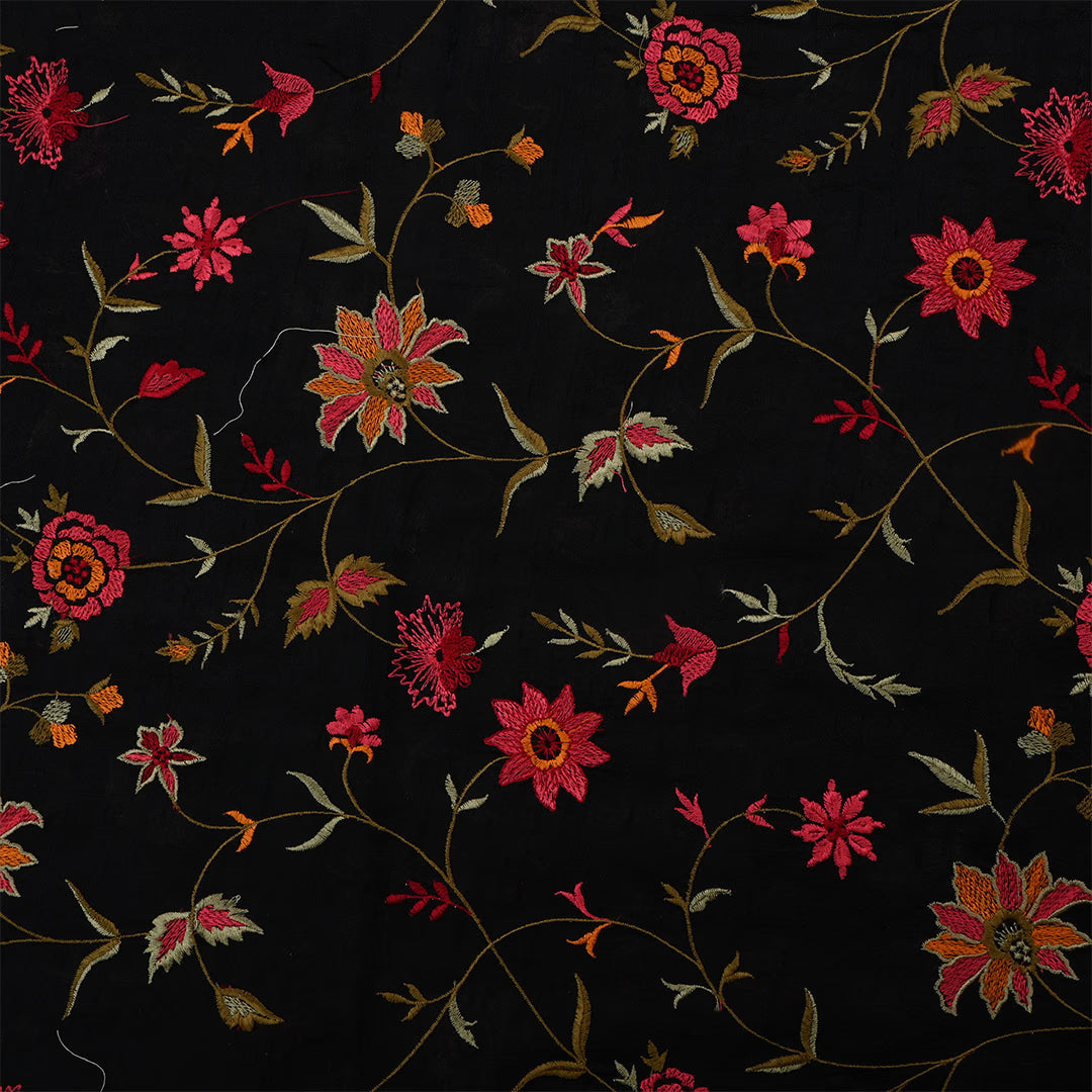 Black Dupion Raw Silk Embroidered Fabric